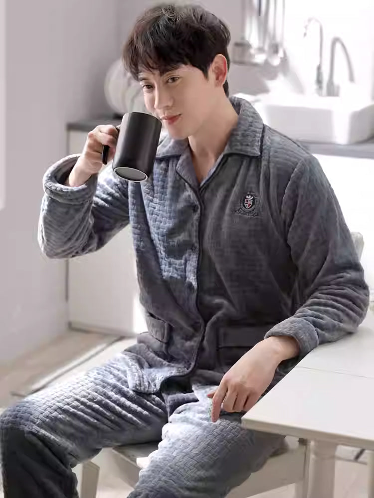 Pajamas men's autumn and winter winter coral velvet plus velvet thick warm flannel home wear men's winter suit